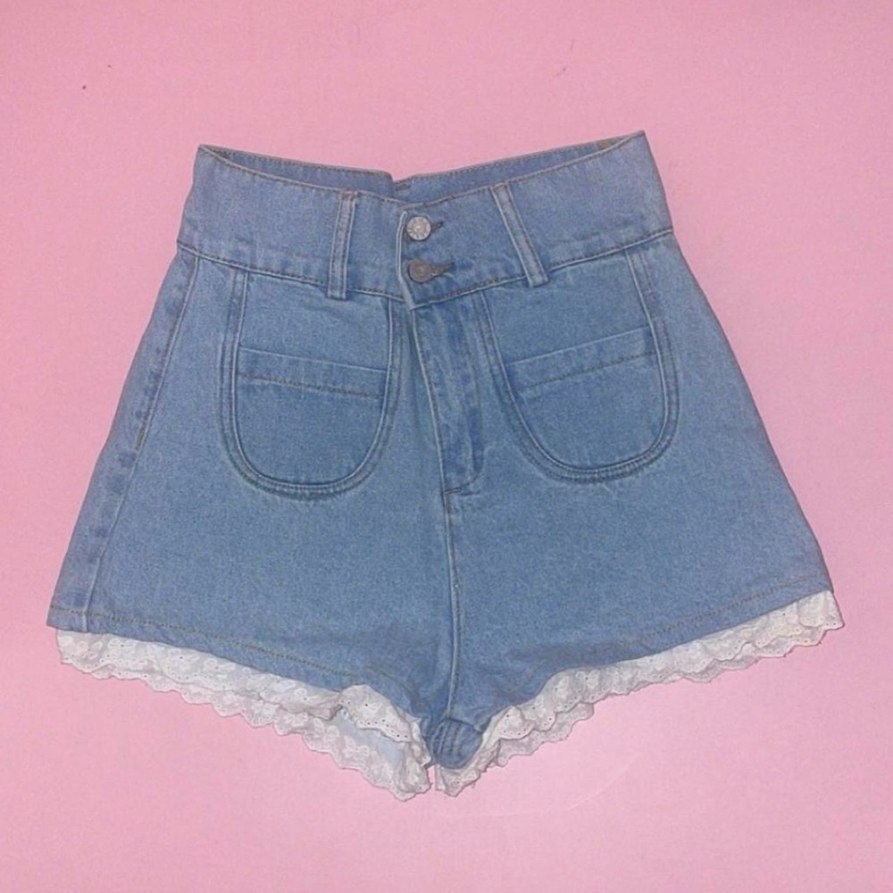 Lace Trim Cherub Angelic Print Denim Shorts